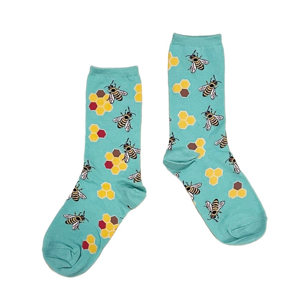 Bee & Honeycomb Crew Socks for Women — Teal Yellow Cotton Blend
